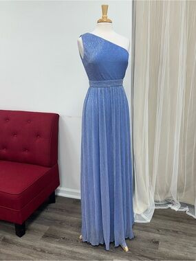 Medium One-Shoulder Light Blue Lurex Wedding Guest Baby Shower Evening Gown